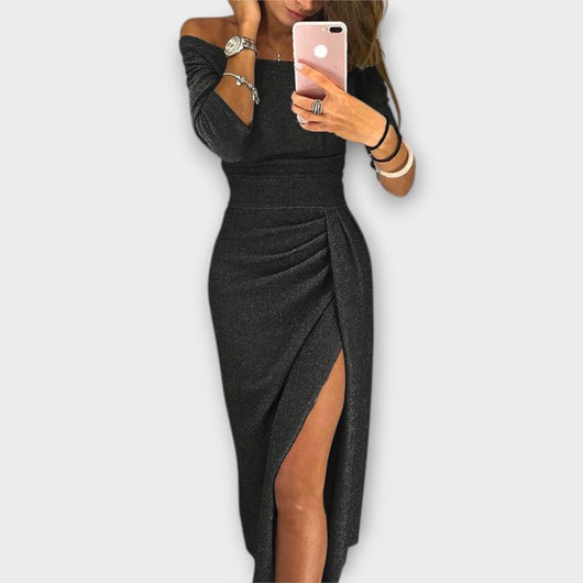 Nora | Figuuraccentuerende dames off-shoulder midijurk met split