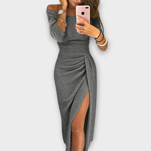 Nora | Figuuraccentuerende dames off-shoulder midijurk met split