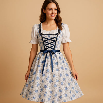 Elisabeth | Getailleerde dames Oktoberfest dirndl met bloemenprint en rijgsluiting