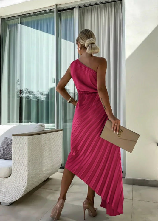 Mia | Dames one-shoulder plissé maxijurk met bloemdetail