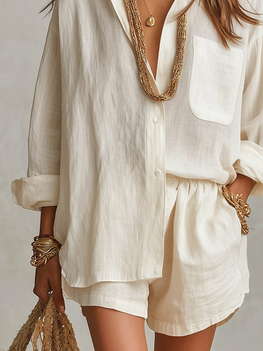 Emilia | Tweedelige dames linnen set met oversized blouse en short