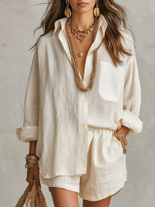 Emilia | Tweedelige dames linnen set met oversized blouse en short