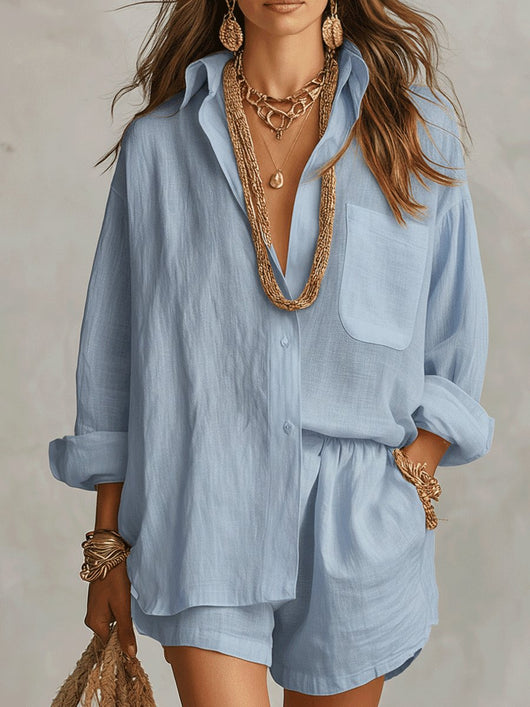 Emilia | Tweedelige dames linnen set met oversized blouse en short