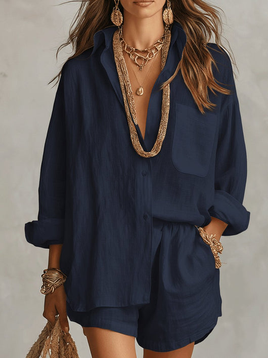 Emilia | Tweedelige dames linnen set met oversized blouse en short