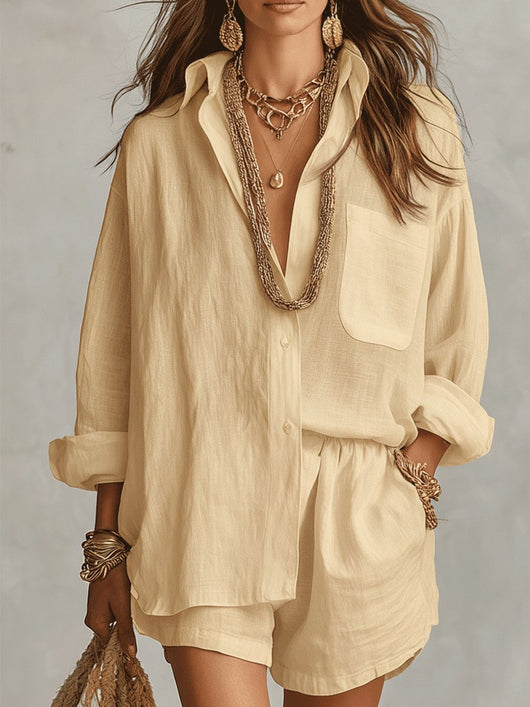 Emilia | Tweedelige dames linnen set met oversized blouse en short