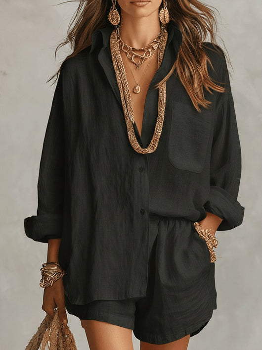 Emilia | Tweedelige dames linnen set met oversized blouse en short