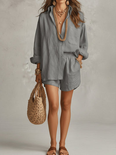 Emilia | Tweedelige dames linnen set met oversized blouse en short