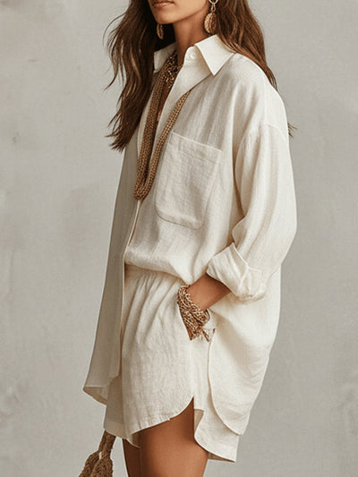 Emilia | Tweedelige dames linnen set met oversized blouse en short
