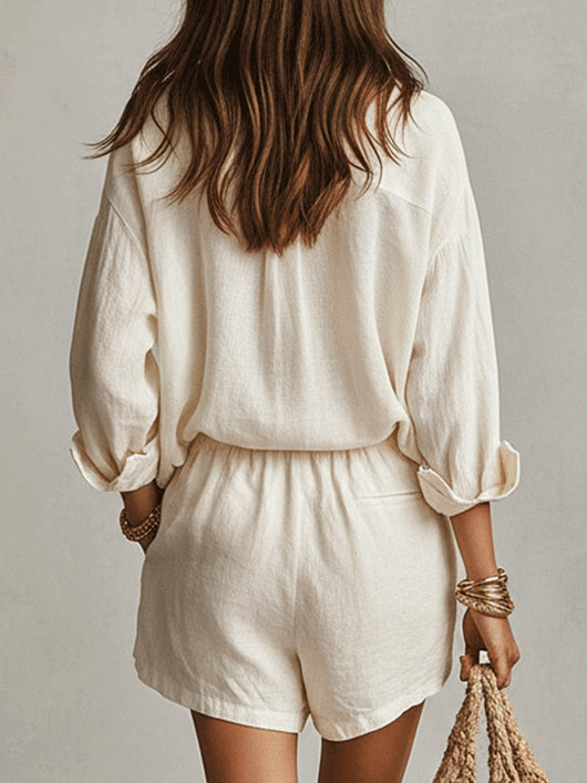 Emilia | Tweedelige dames linnen set met oversized blouse en short