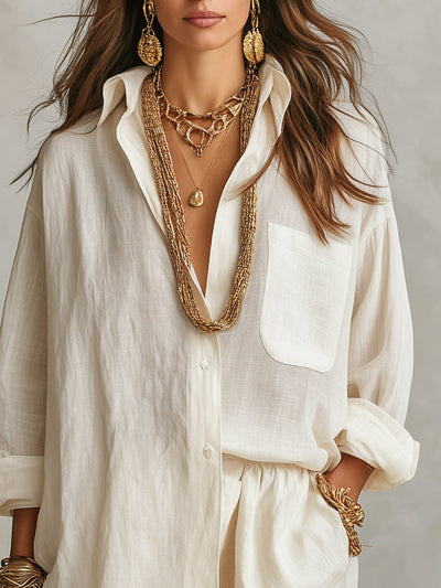 Emilia | Tweedelige dames linnen set met oversized blouse en short