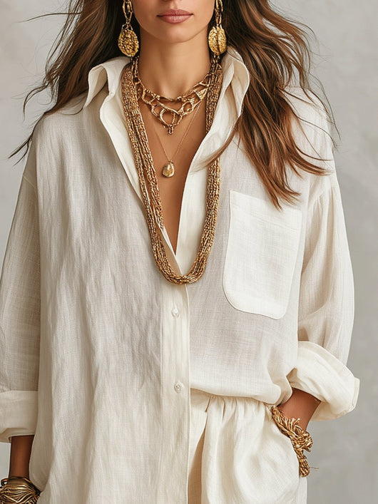 Emilia | Tweedelige dames linnen set met oversized blouse en short