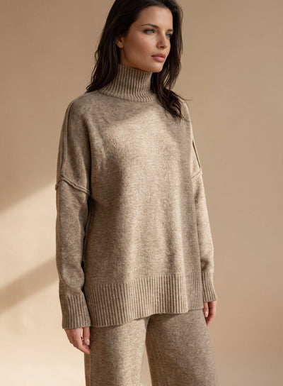 Sophie | Oversized dames gebreide loungeset met col en wijde broek