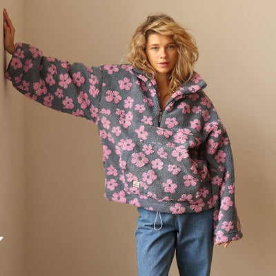 Emilia | Oversized dames sherpa fleecetrui met bloemendessin