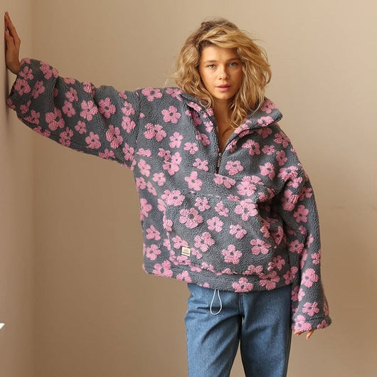 Emilia | Oversized dames sherpa fleecetrui met bloemendessin
