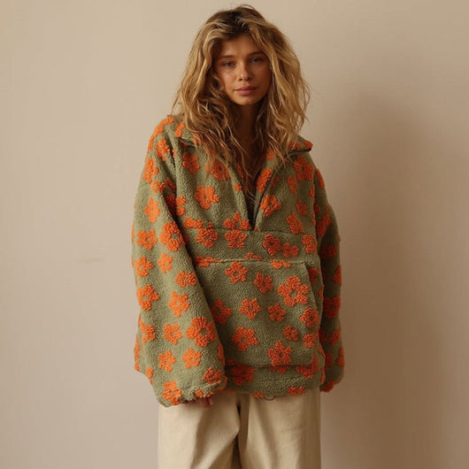 Emilia | Oversized dames sherpa fleecetrui met bloemendessin