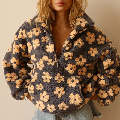 Emilia | Oversized dames sherpa fleecetrui met bloemendessin