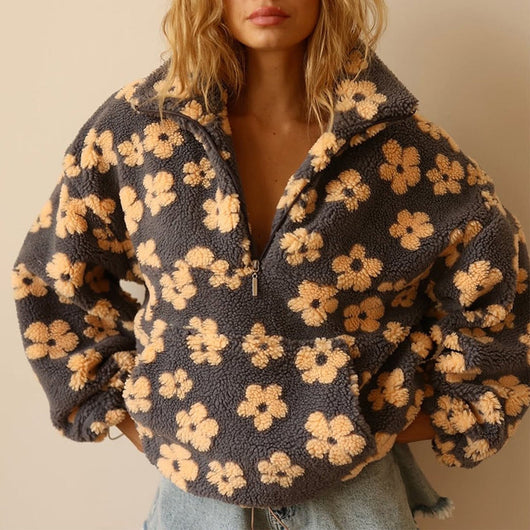 Emilia | Oversized dames sherpa fleecetrui met bloemendessin
