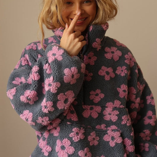 Emilia | Oversized dames sherpa fleecetrui met bloemendessin