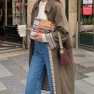 Marie | Lange oversized dames trenchcoat met geruite voering