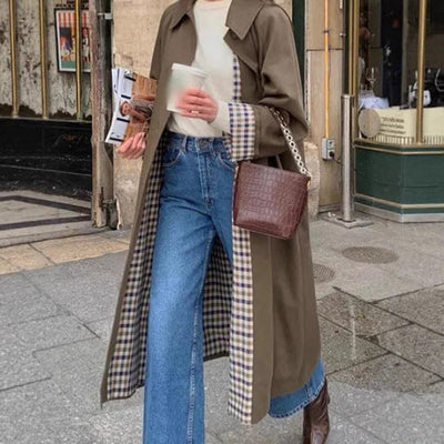 Marie | Lange oversized dames trenchcoat met geruite voering