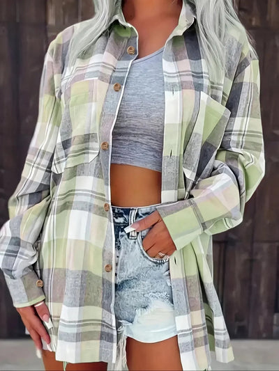Mia | Dames oversized geruit flanellen overhemd met lange mouwen en knoopsluiting