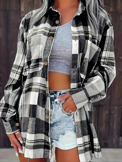 Mia | Dames oversized geruit flanellen overhemd met lange mouwen en knoopsluiting