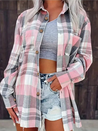 Mia | Dames oversized geruit flanellen overhemd met lange mouwen en knoopsluiting