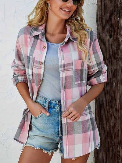 Mia | Dames oversized geruit flanellen overhemd met lange mouwen en knoopsluiting