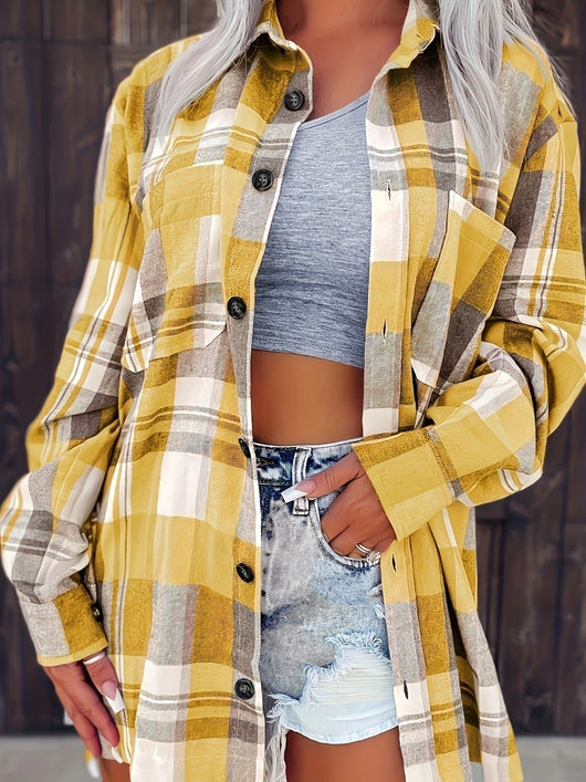 Mia | Dames oversized geruit flanellen overhemd met lange mouwen en knoopsluiting
