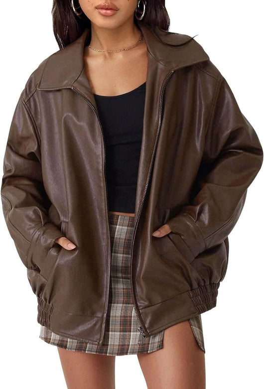 Lena | Oversized dames bomberjack van imitatieleer met rits