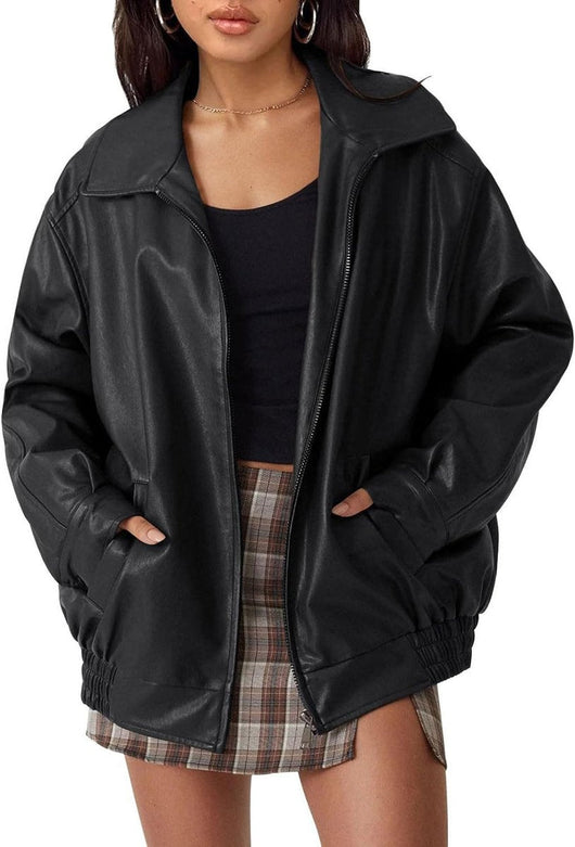 Lena | Oversized dames bomberjack van imitatieleer met rits