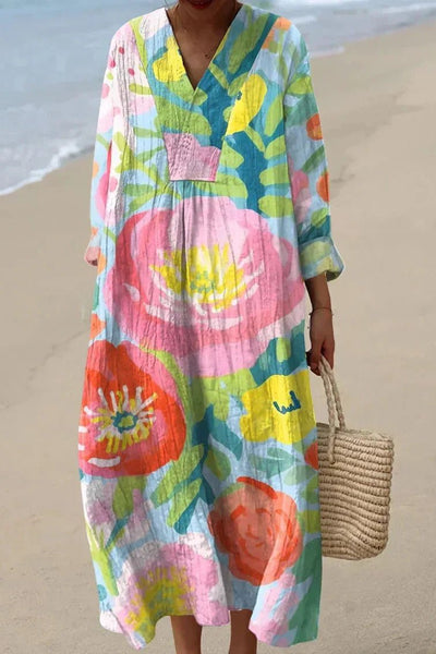 Elfriede | Dames oversized maxijurk in linnenlook met bloemenprint en V-hals