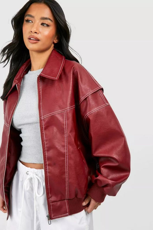 Elisabeth | Oversized dames bomberjack in imitatieleer met contrastnaden
