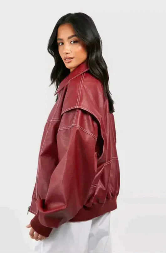 Elisabeth | Oversized dames bomberjack in imitatieleer met contrastnaden