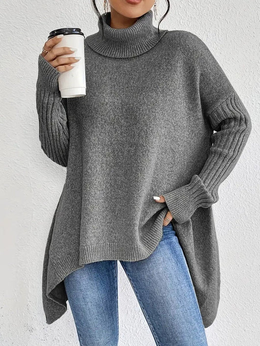 Greta | Oversized dames coltrui met geribde col en verlengde zoom