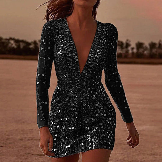 Lena | Dames bodycon cocktailjurk met pailletten, lange mouwen en diepe v-hals