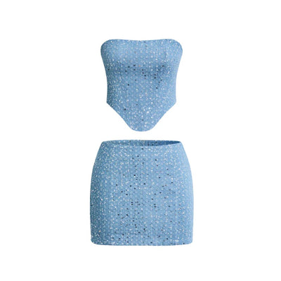 Emilia | Dames tweedelige paillettendenim set met bandeautop en strakke rok