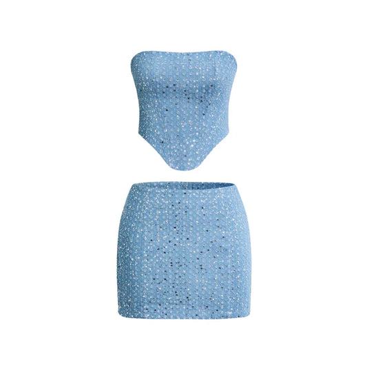 Emilia | Dames tweedelige paillettendenim set met bandeautop en strakke rok