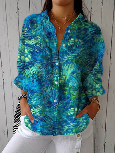Emilia | Dames blouse met pauwenverenmotief, lange mouwen en knoopsluiting