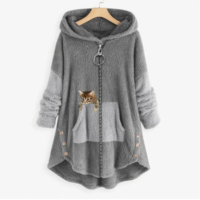 Lena | Dames pluche fleecehoodie met rits en kattenprint