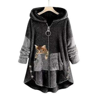 Lena | Dames pluche fleecehoodie met rits en kattenprint