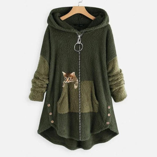 Lena | Dames pluche fleecehoodie met rits en kattenprint