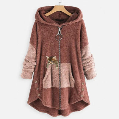 Lena | Dames pluche fleecehoodie met rits en kattenprint