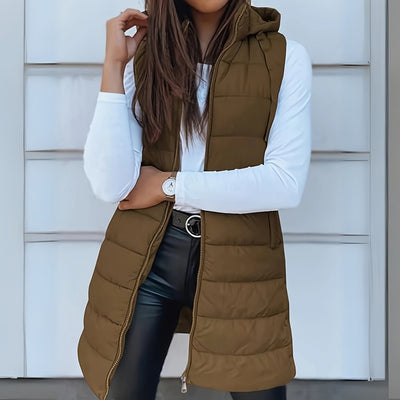 Frieda | Lange mouwloze dames bodywarmer met capuchon