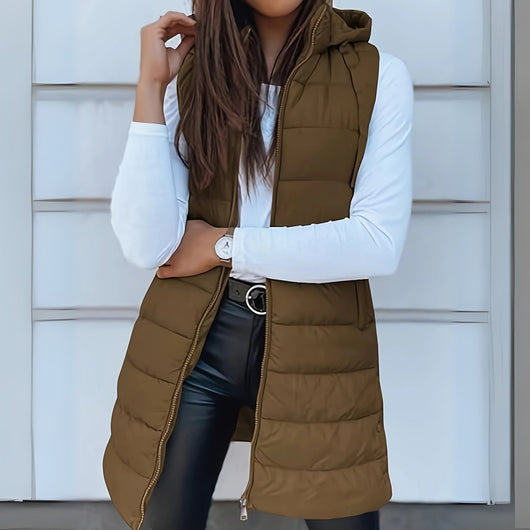Frieda | Lange mouwloze dames bodywarmer met capuchon