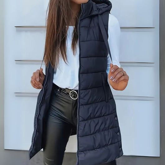Frieda | Lange mouwloze dames bodywarmer met capuchon