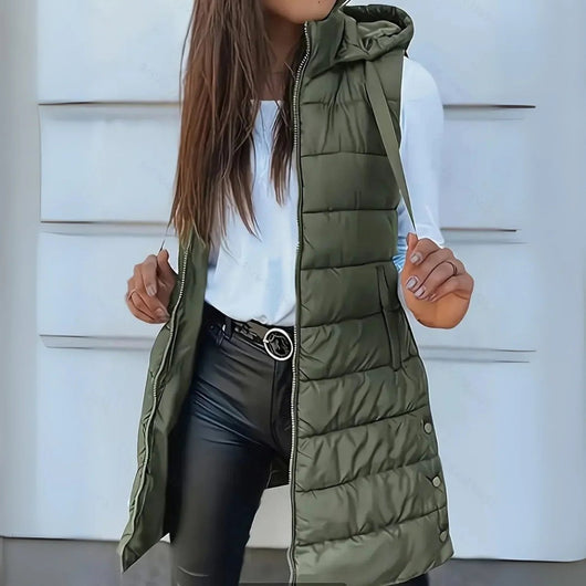 Frieda | Lange mouwloze dames bodywarmer met capuchon