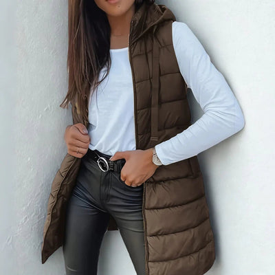 Frieda | Lange mouwloze dames bodywarmer met capuchon