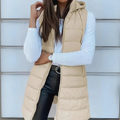Frieda | Lange mouwloze dames bodywarmer met capuchon