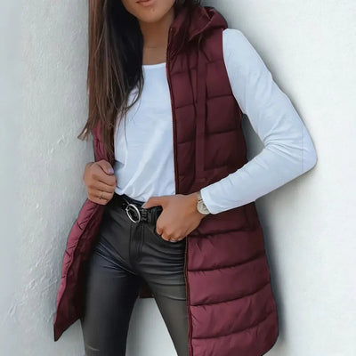 Frieda | Lange mouwloze dames bodywarmer met capuchon